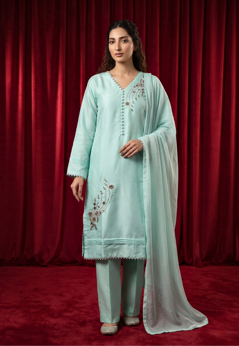 LHLUX-03 Hand Embroidered Raw Silk 3 Pc Stitched Suit